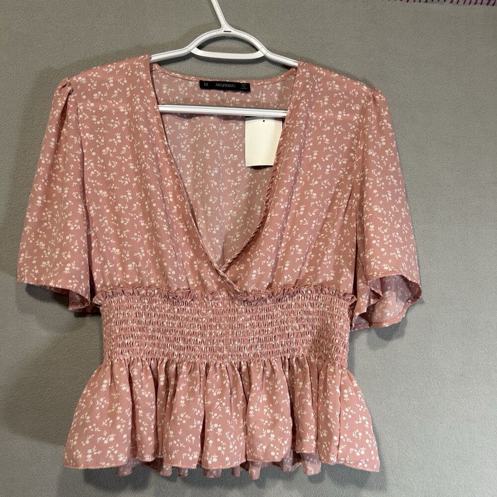 Floral Ditsy Fold over Top Size‎ M Pink White Smocked Waist Cottage Core Prairie